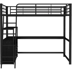 Lit Mezzanine 140x200 cm - Lit Double avec Bureau en L et Rangements Intégrés - Métal + MDF - Sans Matelas - Noir