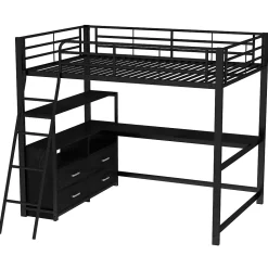 Lit Mezzanine 140x200 cm - Lit Double avec Bureau en L et Rangements Intégrés - Métal + MDF - Sans Matelas - Noir