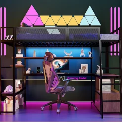 Lit Mezzanine 140x200 cm - Lit Double avec LED Intégrée et Bureau, Garde-Corps Sécurisé, sans Matelas - Métal Noir