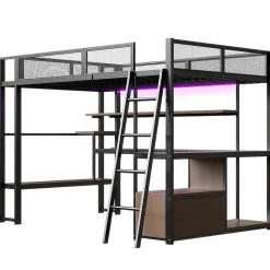 Lit Mezzanine 140x200 cm - Lit Double avec LED Intégrée et Bureau, Garde-Corps Sécurisé, sans Matelas - Métal Noir
