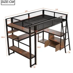 Lit Mezzanine 140x200 cm - Lit Double avec LED Intégrée et Bureau, Garde-Corps Sécurisé, sans Matelas - Métal Noir