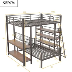 Lit mezzanine 140x200 cm - Lit double avec rangement multifonction, structure métal et MDF avec étagères - Sans matelas - Noir