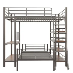 Lit mezzanine 140x200 cm - Lit double avec rangement multifonction, structure métal et MDF avec étagères - Sans matelas - Noir