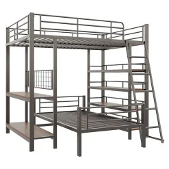 Lit mezzanine 140x200 cm - Lit double avec rangement multifonction, structure métal et MDF avec étagères - Sans matelas - Noir