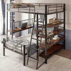 Lit mezzanine 140x200 cm - Lit double avec rangement multifonction, structure métal et MDF avec étagères - Sans matelas - Noir