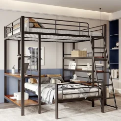 Lit mezzanine 140x200 cm - Lit double avec rangement multifonction, structure métal et MDF avec étagères - Sans matelas - Noir