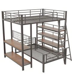 Lit mezzanine 140x200 cm - Lit double avec rangement multifonction, structure métal et MDF avec étagères - Sans matelas - Noir