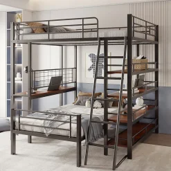 Lit mezzanine 140x200 cm - Lit double avec rangement multifonction, structure métal et MDF avec étagères - Sans matelas - Noir