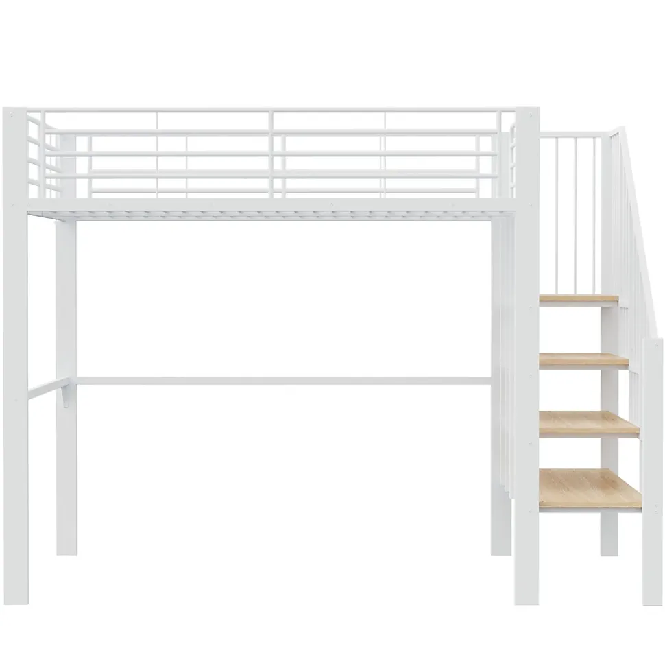 Lit mezzanine 140x200 cm - Lit double avec rangement et escalier, structure métallique robuste - Blanc - Sans matelas