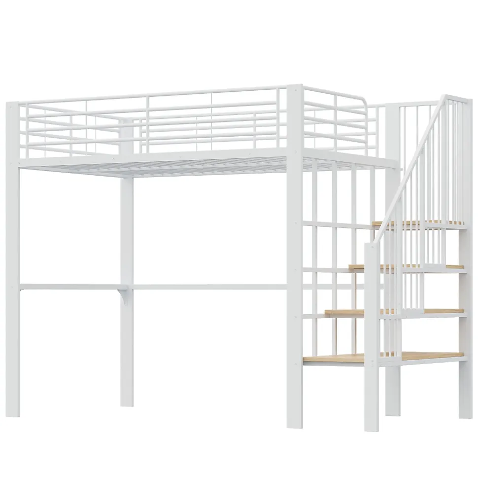 Lit mezzanine 140x200 cm - Lit double avec rangement et escalier, structure métallique robuste - Blanc - Sans matelas