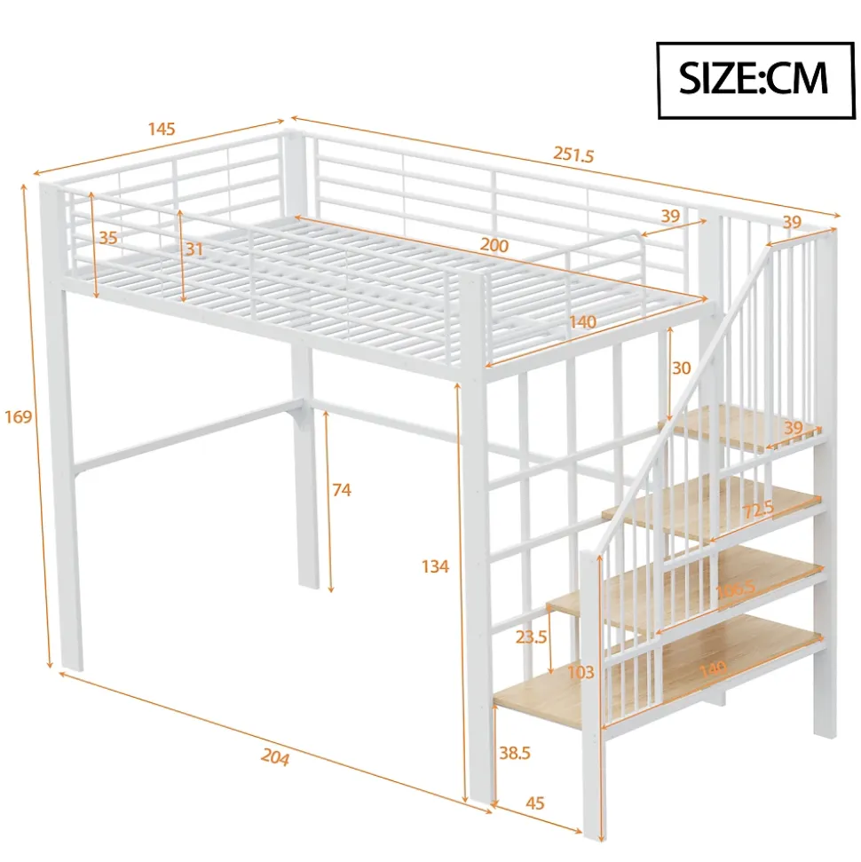 Lit mezzanine 140x200 cm - Lit double avec rangement et escalier, structure métallique robuste - Blanc - Sans matelas