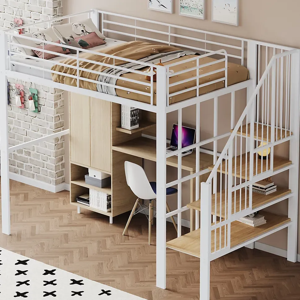 Lit mezzanine 140x200 cm - Lit double avec rangement et escalier, structure métallique robuste - Blanc - Sans matelas