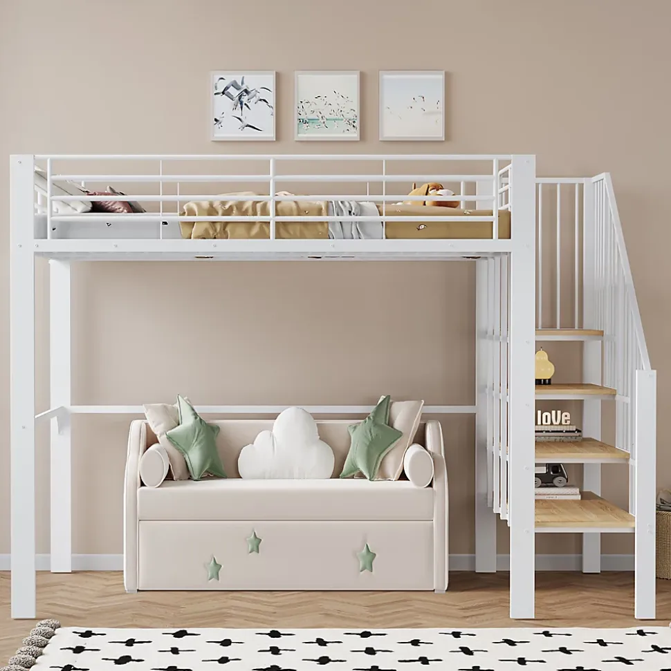 Lit mezzanine 140x200 cm - Lit double avec rangement et escalier, structure métallique robuste - Blanc - Sans matelas