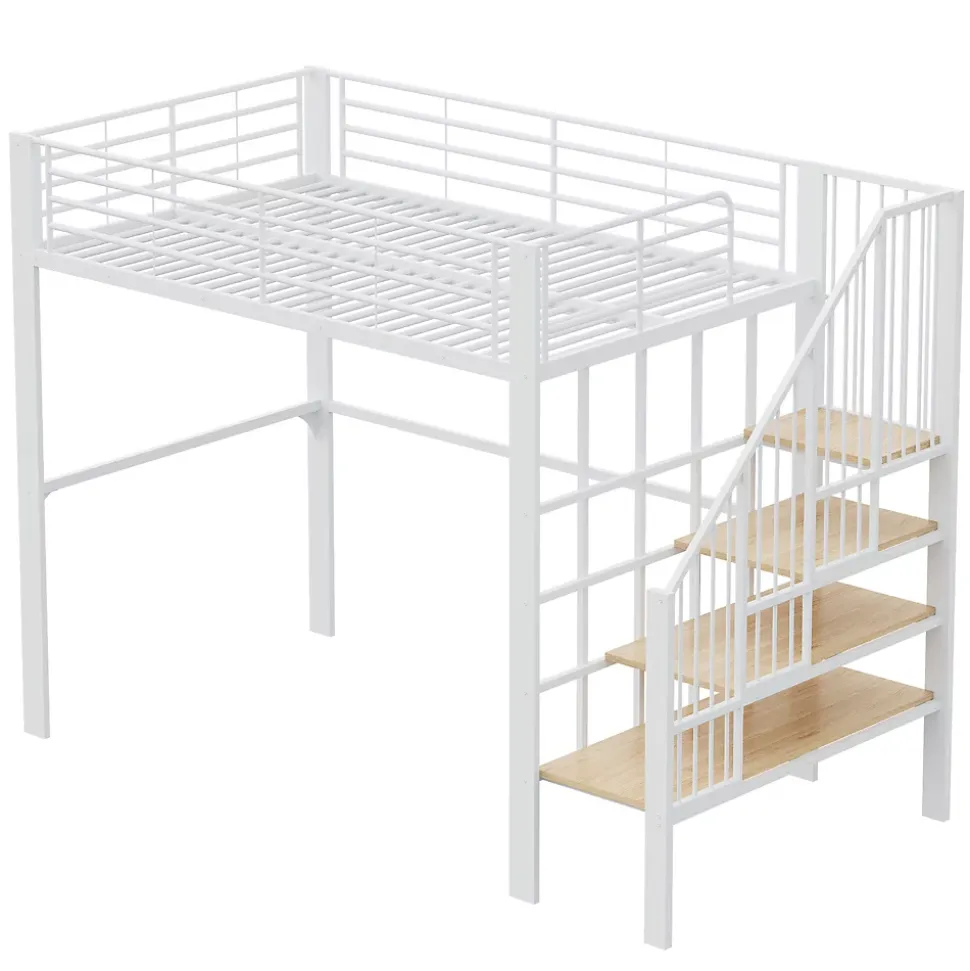 Lit mezzanine 140x200 cm - Lit double avec rangement et escalier, structure métallique robuste - Blanc - Sans matelas
