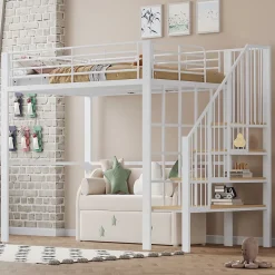 Lit mezzanine 140x200 cm - Lit double avec rangement et escalier, structure métallique robuste - Blanc - Sans matelas