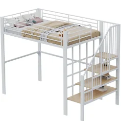 Lit mezzanine 140x200 cm - Lit double avec rangement et escalier, structure métallique robuste - Blanc - Sans matelas