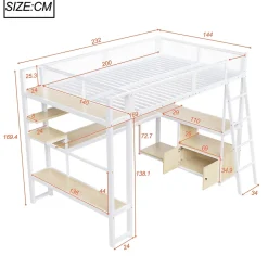 Lit Mezzanine 140x200 cm - Lit Double avec LED Intégrée et Bureau, Garde-Corps Sécurisé, sans Matelas - Métal Blanc