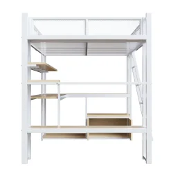 Lit Mezzanine 140x200 cm - Lit Double avec LED Intégrée et Bureau, Garde-Corps Sécurisé, sans Matelas - Métal Blanc
