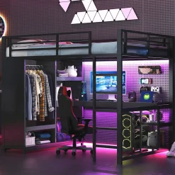 Lit mezzanine 140x200 cm - Lit double avec rangement - Métal - Montage requis - Noir