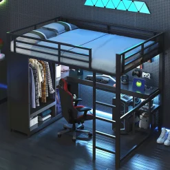 Lit mezzanine 140x200 cm - Lit double avec rangement - Métal - Montage requis - Noir