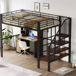 Lit mezzanine 140x200 cm - Lit double avec rangement et escalier, structure métallique robuste - Noir - Sans matelas