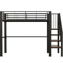 Lit mezzanine 140x200 cm - Lit double avec rangement et escalier, structure métallique robuste - Noir - Sans matelas