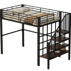 Lit mezzanine 140x200 cm - Lit double avec rangement et escalier, structure métallique robuste - Noir - Sans matelas