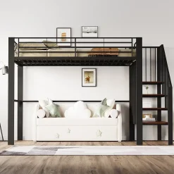 Lit mezzanine 140x200 cm - Lit double avec rangement et escalier, structure métallique robuste - Noir - Sans matelas