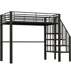 Lit mezzanine 140x200 cm - Lit double avec rangement et escalier, structure métallique robuste - Noir - Sans matelas