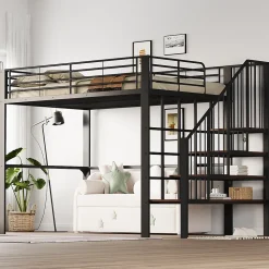 Lit mezzanine 140x200 cm - Lit double avec rangement et escalier, structure métallique robuste - Noir - Sans matelas