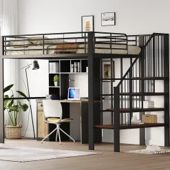 Lit mezzanine 140x200 cm - Lit double avec rangement et escalier, structure métallique robuste - Noir - Sans matelas