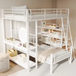 Lit mezzanine 140x200 cm - Lit double avec rangement multifonction, structure métal et MDF avec étagères - Sans matelas - Blanc