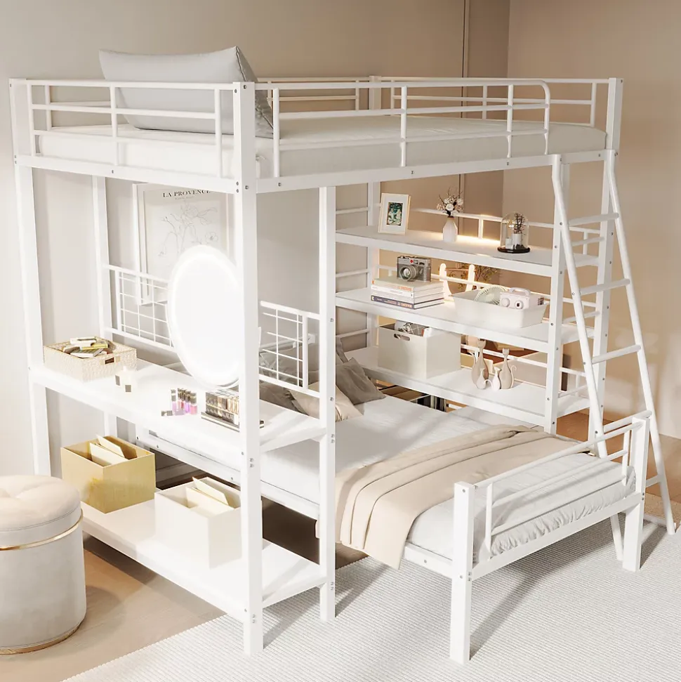 Lit mezzanine 140x200 cm - Lit double avec rangement multifonction, structure métal et MDF avec étagères - Sans matelas - Blanc