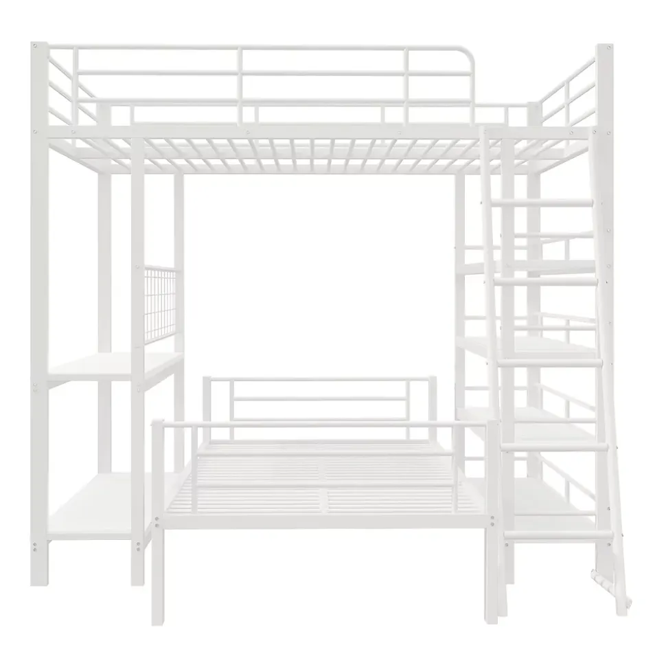 Lit mezzanine 140x200 cm - Lit double avec rangement multifonction, structure métal et MDF avec étagères - Sans matelas - Blanc