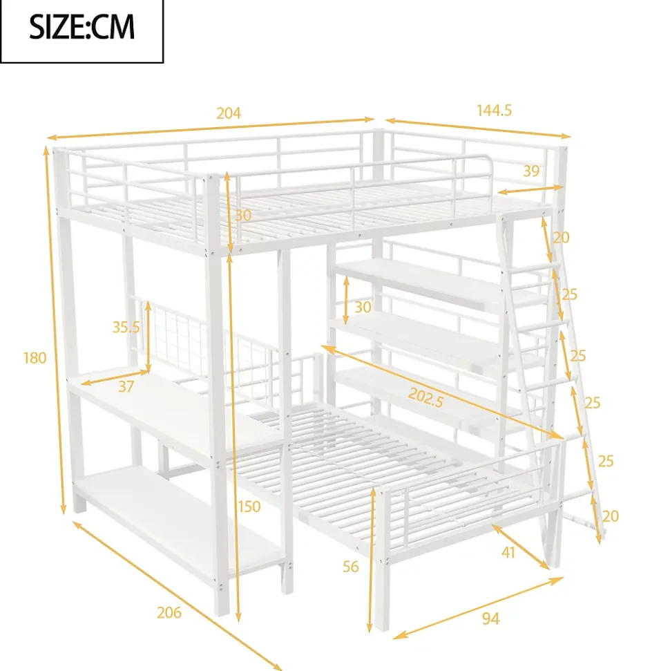 Lit mezzanine 140x200 cm - Lit double avec rangement multifonction, structure métal et MDF avec étagères - Sans matelas - Blanc