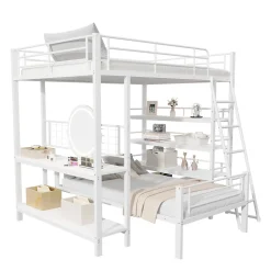 Lit mezzanine 140x200 cm - Lit double avec rangement multifonction, structure métal et MDF avec étagères - Sans matelas - Blanc