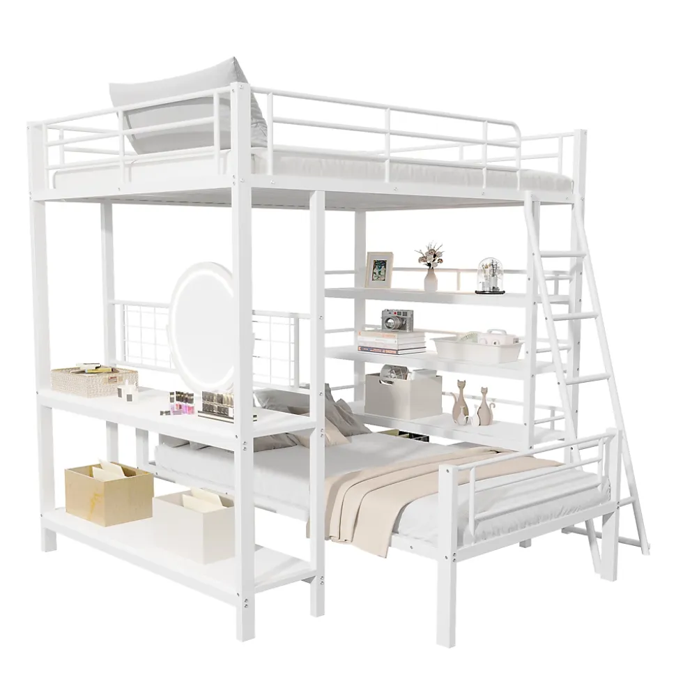 Lit mezzanine 140x200 cm - Lit double avec rangement multifonction, structure métal et MDF avec étagères - Sans matelas - Blanc