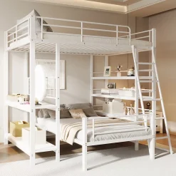 Lit mezzanine 140x200 cm - Lit double avec rangement multifonction, structure métal et MDF avec étagères - Sans matelas - Blanc