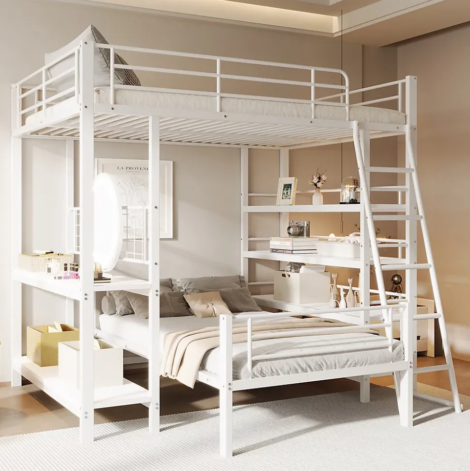 Lit mezzanine 140x200 cm - Lit double avec rangement multifonction, structure métal et MDF avec étagères - Sans matelas - Blanc