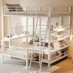 Lit mezzanine 140x200 cm - Lit double avec rangement multifonction, structure métal et MDF avec étagères - Sans matelas - Blanc