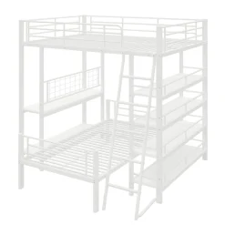 Lit mezzanine 140x200 cm - Lit double avec rangement multifonction, structure métal et MDF avec étagères - Sans matelas - Blanc