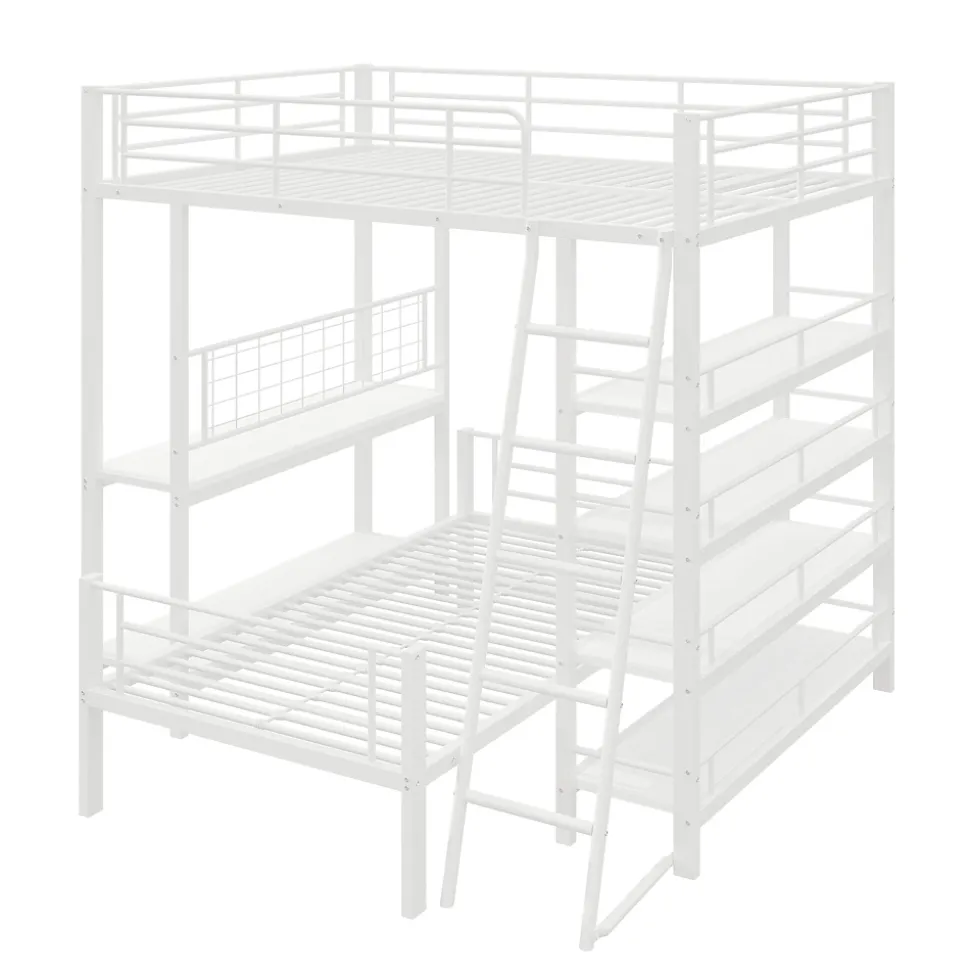 Lit mezzanine 140x200 cm - Lit double avec rangement multifonction, structure métal et MDF avec étagères - Sans matelas - Blanc