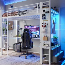 Lit Mezzanine 90x200 cm - Lit Déco avec Rangement - Métal et MDF - Sans Matelas - Blanc