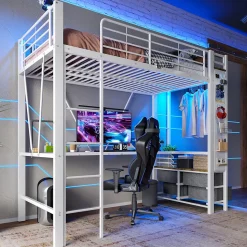 Lit Mezzanine 90x200 cm - Lit Déco avec Rangement - Métal et MDF - Sans Matelas - Blanc