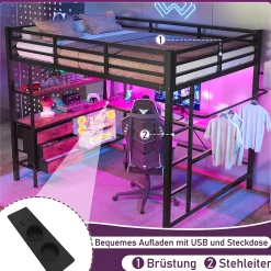 Lit Mezzanine 140x200 cm - Lit Double avec Éclairage LED, Bureau et Prises USB, en Métal et MDF, sans Matelas, Noir