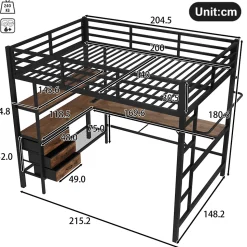 Lit Mezzanine 140x200 cm - Lit Double avec Éclairage LED, Bureau et Prises USB, en Métal et MDF, sans Matelas, Noir