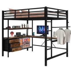 Lit Mezzanine 140x200 cm - Lit Double avec Éclairage LED, Bureau et Prises USB, en Métal et MDF, sans Matelas, Noir