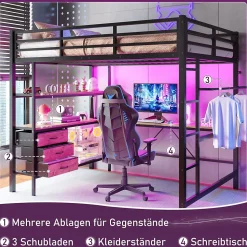 Lit Mezzanine 140x200 cm - Lit Double avec Éclairage LED, Bureau et Prises USB, en Métal et MDF, sans Matelas, Noir