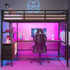 Lit Mezzanine 140x200 cm - Lit Double avec Éclairage LED, Bureau et Prises USB, en Métal et MDF, sans Matelas, Noir
