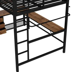 Lit Mezzanine 140x200 cm - Lit Double avec Éclairage LED, Bureau et Prises USB, en Métal et MDF, sans Matelas, Noir